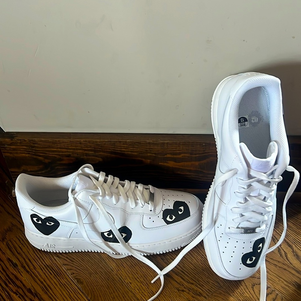 Nike Air Force Ones. US size 13. White with 3 black hearts.